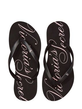 Victoria's Secret Black Flip Flop Sandals with Pink Script Logo